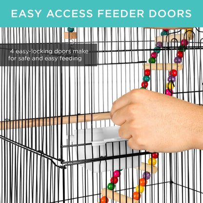 Indoor Outdoor Iron Birdcage w/ Removable Tray, 4 Feeders, 2 Toys - 36in